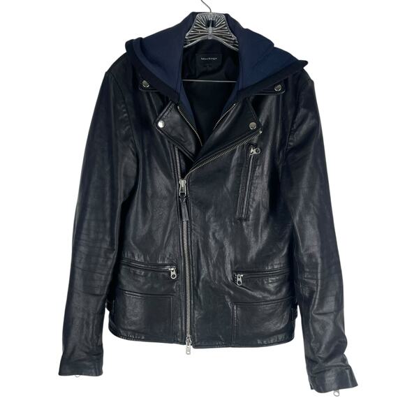 Mackage Manus Lamb Leather Jacket Detachable Hood Black Blue Size 36/ S - Picture 1 of 16